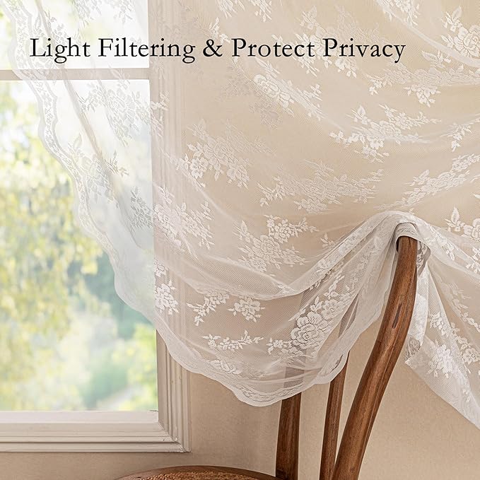 MEETSKY Short Lace Curtains 45 Inches Long 2 Panels Set Vintage Floral Sheer Kitchen Curtains for Small Windows Back Tab Rod Pocket French Elegant Light Filtering Drapes, 50" W Each Panel, White