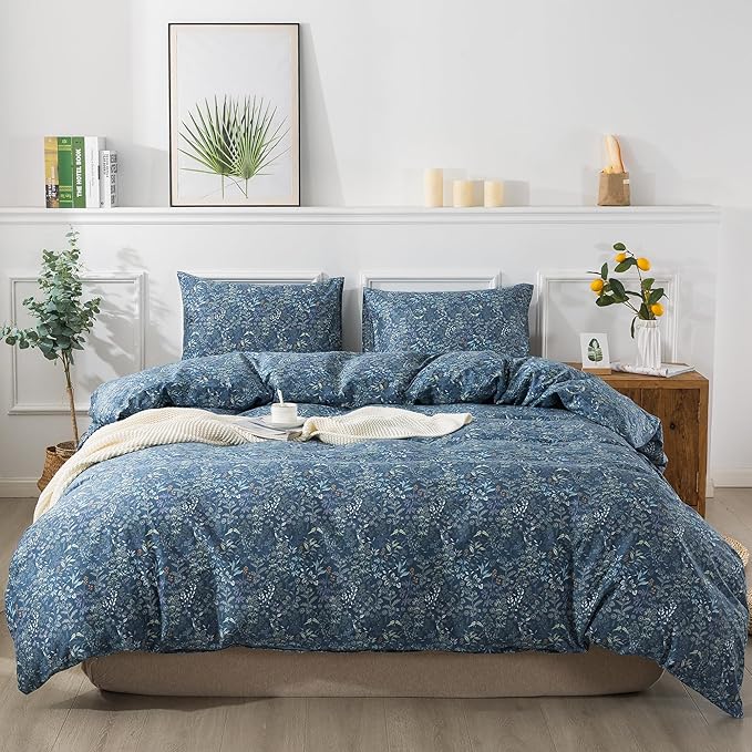 HoneiLife Duvet Cover Sets Twin - 100% Cotton Floral Comforter Cover, 2-PCS Breathable Bedding Set with Zipper Closure & Corner Ties, Wildflower Duvet Cover for All Season Use,Blueblack, King