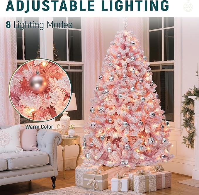 YITAHOME 7.5 FT Prelit Pink Flocked Christmas Tree, Pre-Lit Pink Spruce Artificial Christmas Tree with 1346 PVC Flocked Tips and 550 Warm-White Lights for Home, Office Decoration