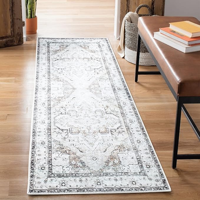 Bloom Rugs Washable Non-Slip 12 ft Runner - Brown/Beige/Charcoal Traditional Runner for Entryway, Hallway, Bathroom, and Kitchen - Exact Size: 2.5' x 12'