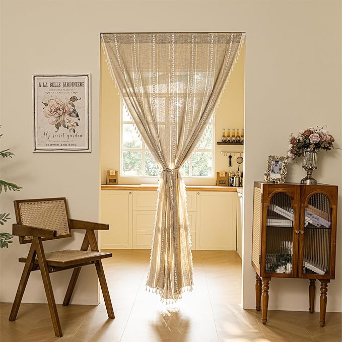 Sutuo Home Boho Door Curtains for Doorway, Bohemian Semi Blackout Curtains Privacy Embroidery Drape Decor for Temporary Room Dividers Bedroom Living Room, Rod Pocket 1 Panel 37" W x 80" L, Natural