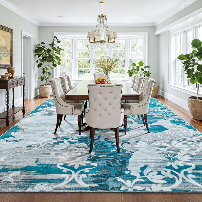 Keeko 8x10 Area Rugs for Living Room,Modern Abstract Floral Pattern Rugs for Bedroom,Soft Washable Rug with Non-Slip Backing Low-Pile Non-Shedding Carpet for Kitchen Home Office Dining Table - Blue