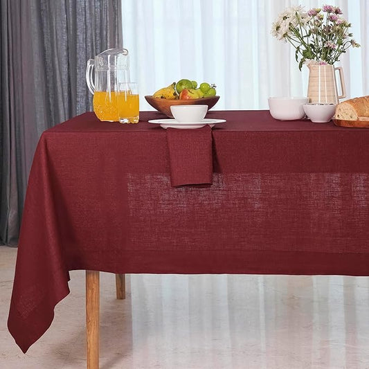 D'Moksha Homes Linen Tablecloth for Rectangle Tables 60 x 144 Inch - 100% Pure Linen Dark Red Table Cloth - Machine Washable Cloth Tablecloth for Fall, Thanksgiving, Christmas, Holiday