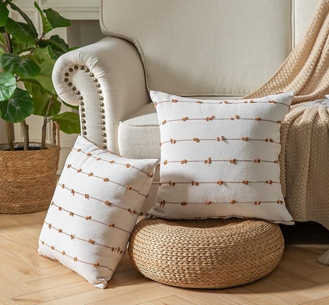 Caflife Boho Throw Pillow Covers 22x22 inches Beige and Brown, Set of 2 Modern Farmhouse Decorative Pillow Covers for Couch Bed, Living Room