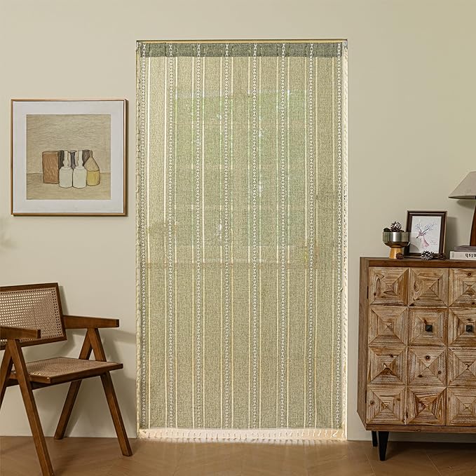 Sutuo Home Green Boho Door Curtains for Kitchen Doorway, Bohemian Semi Blackout Privacy Embroidery Drape Decor for Temporary Room Dividers Bedroom Living Room, Rod Pocket 1 Panel 37" W x 80" L