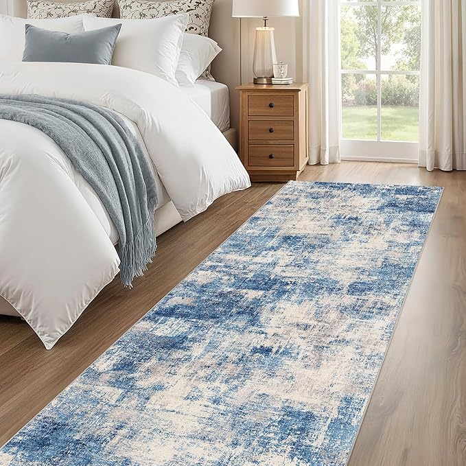 2x6 Modern Abstract Rug Washable Area Rugs for Living Room Bedroom Dining Room Non-Slip Low Pile Neutral Large Rug Soft Indoor Floor Carpet, Blue