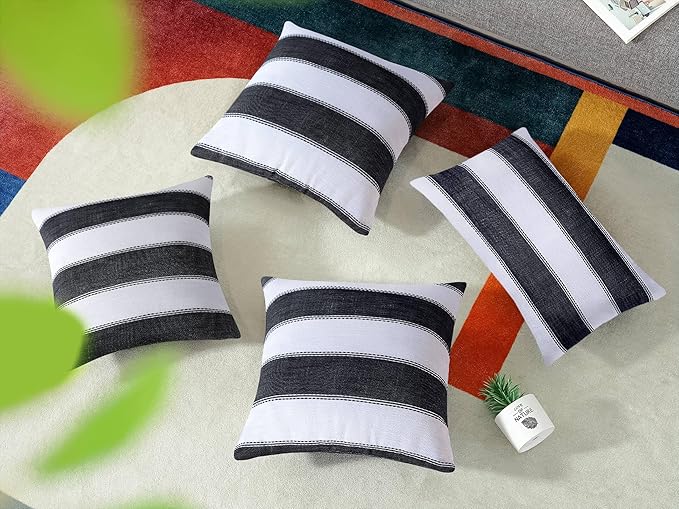 AmHoo Pack of 2 Farmhouse Stripe Check Throw Pillow Covers Set Case Cotton Linen Decorative Pillowcases Cushion Cover for Couch Bench Sofa 18x18Inch Black