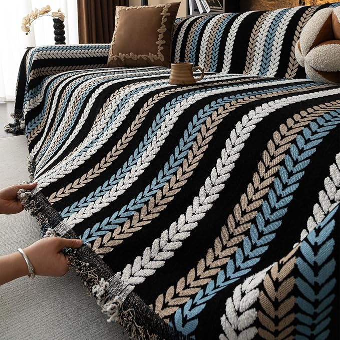 VClife Couch Cover for Sofa, Chenille Sofa Cover for Dog Modern Stripe Couch Cover for 3 Cushion Couch Sofa, Non Slip Furniture Protector Pet Couch Slipcover with Tassel, Black, 71''x134''