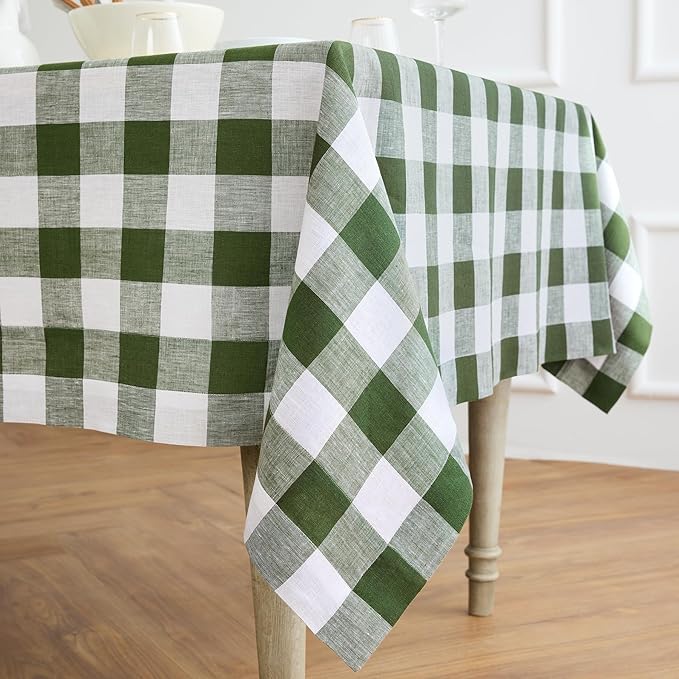Solino Home Linen Checkered Tablecloth 60 x 120 Inch - 100% Pure Linen Olive and White Buffalo Plaid Table Cloth for Rectangle Tables - Machine Washable Tablecloth for Fall, Autumn
