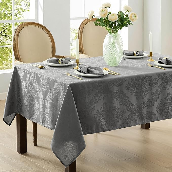 Newbridge Barcelona Damask Fabric Tablecloth, 60 x 144 Inch Rectangle, Grey – No Iron, Soil Resistant Table Cover for Dining, Parties and Holidays