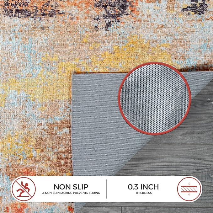Non Slip Rugs 5x7 Modern Abstract Easy Silk Rubber Backing Soft Area Rug for Living Room Easy to Clean Non Shedding Kitchen for Bedroom Indoor Carpet (Orange - Brown, 5x7)