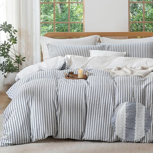 MILDLY Striped Duvet Cover Set - 100% Washed Cotton Charcoal Grey Boho Jacquard Textured Comforter Cover 3pcs with Zipper Closure 80"x90"