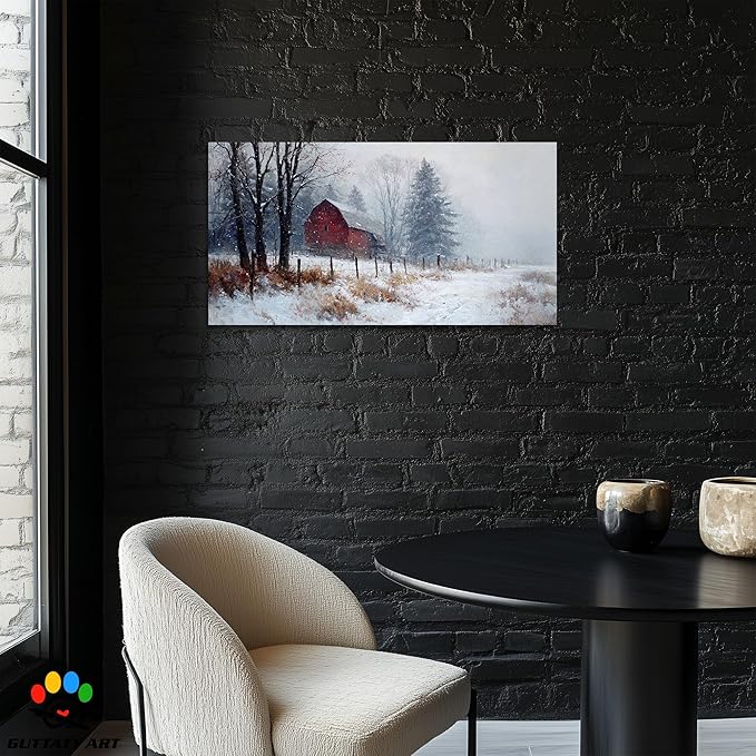 GUTTATY Christmas Winter Scene Canvas Wall Art, Rustic Red Barn Canvas Prints, Snowy Landscape Wall Artwork, Holiday Wall Decor Poster, Cozy Winter Pictures for Living Room, Bedroom, 48x24 Inch