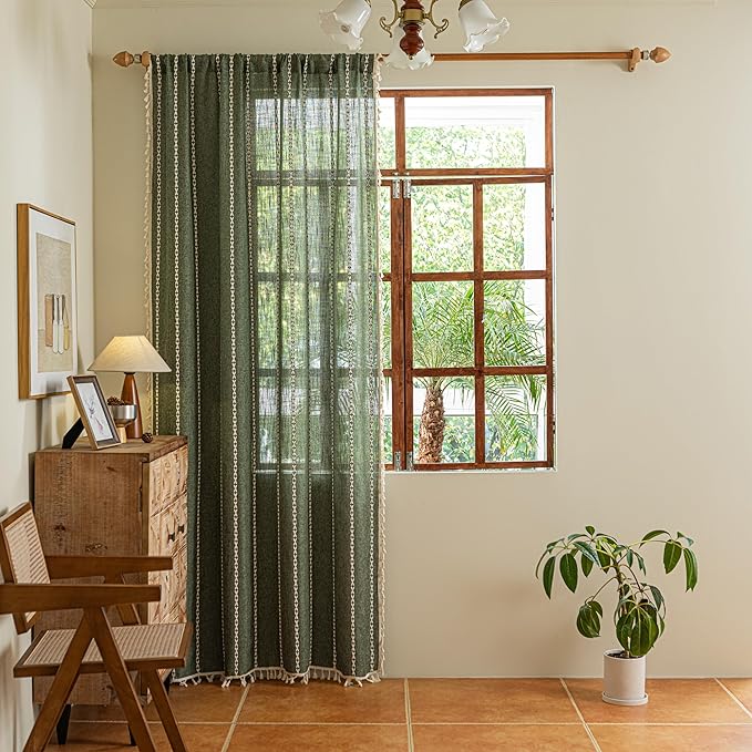 Sutuo Home Boho Window Curtains for Nursery Bedroom, Light-Filtering Linen French Country Shabby Chic Window Treatment Bohemian Embroidery Knitted Drape, Rod Pocket 1 Panel 52" W x 72" L, Olive Green
