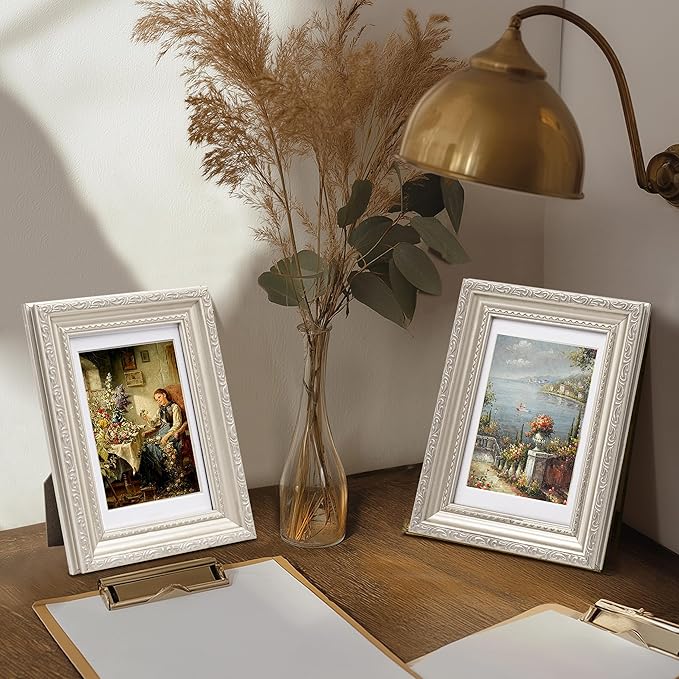 eletecpro 4x6 Picture Frames Set of 2, Vintage Photo Frames with Glass, Display 3.5x5 Photo with Mat or 4x6 without Mat for Tabletop or Wall Decor, Silver Beige