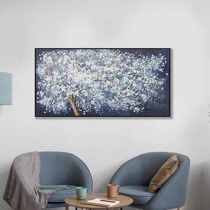 Canvas Wall Art Wall Decor Bedroom Pictures Wall Decoration Dark Blue And White Abstract Tree Plants Artwork Abstract Wall Art Large Size Modern Painting Framed Pictures For Living Room Home Kitchen Office 29"X58"