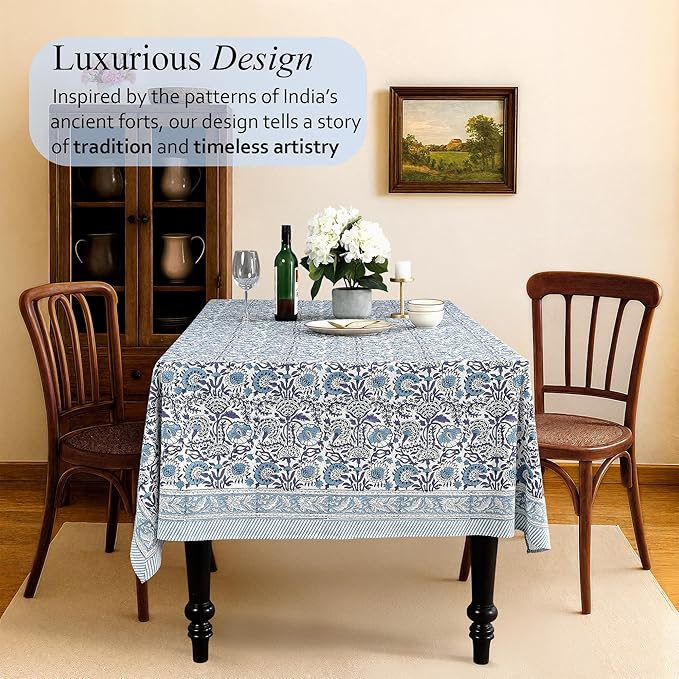 CPC Tablecloth 100% Cotton 70x108 Inch Indian Block Print Rectangle Table Cover, Blue Table Cloth for Weddings, Spring/Summer, Barbeque - Indigo Blue