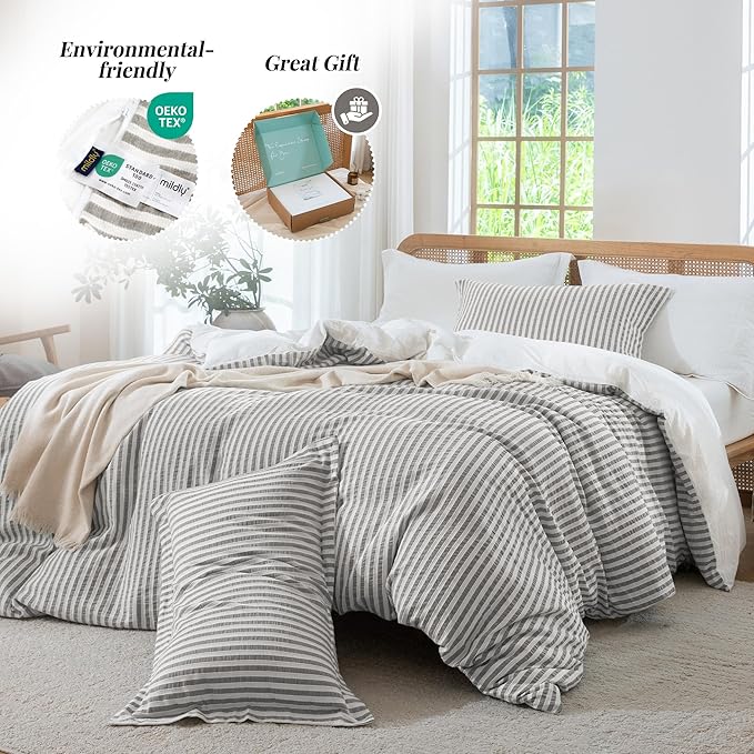 MILDLY Jacquard Stripe Duvet Cover - 100% Washed Cotton Boho Textured Comforter Cover Set 2pcs with Zipper Closure 68"x90"