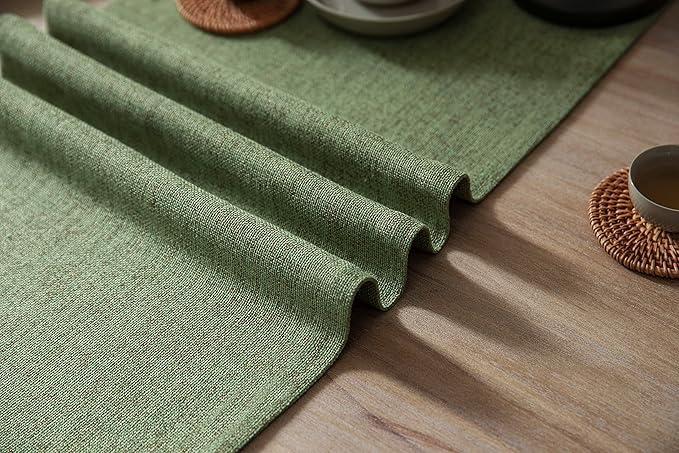 ZeeMart Burlap Style Farmhouse Table Runners 108 Inches Long, Green Rustic Woven Dining Table Runner for Everyday Use, 14x108 Inches, Grass Green