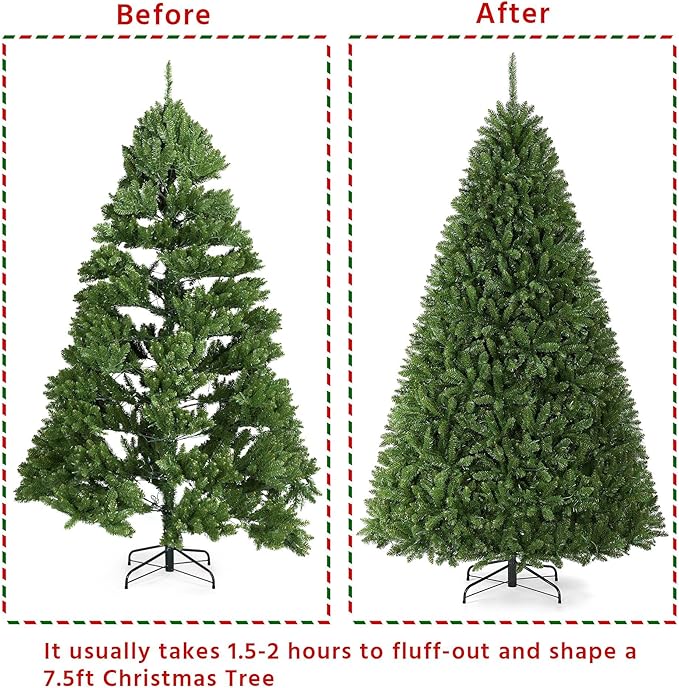Yaheetech Premium Pre-Lit Douglas Full Fir Ultra-Thick Spruce Christmas Tree with Incandescent Warm White Lights and Branch Tips, Prelighted Xmas Tree with Foldable Stand, 7.5ft, Green