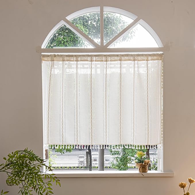 Sutuo Home Ivory Boho Curtain 52W x 18L inch White Striped Light Filtering Short Valance, 1 Panel Embroidery Bohemian Farmhouse Country Kitchen Window Treatment Decor for Small Closet