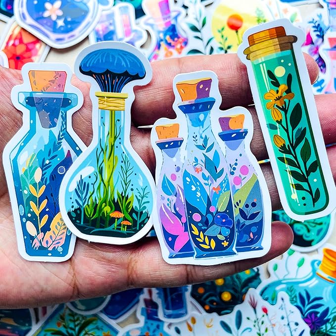50Pcs Fantasy Nature Botanical Magic Potion Bottle Stickers – Cute Plant Floral Apothecary Stickers for Journals, Laptops, Water Bottles,Scrapbooking