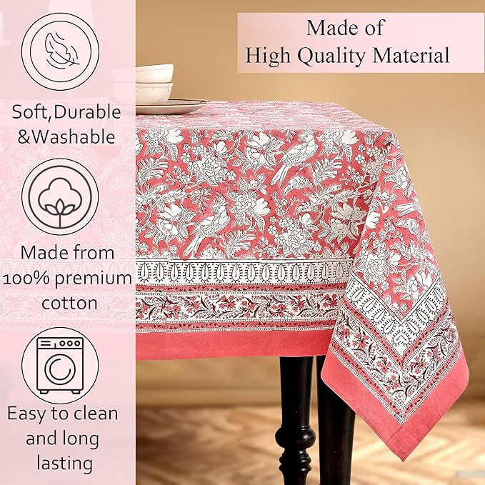 CPC Tablecloth 100% Cotton 60x90 Inch Indian Block Print Rectangle Table Cover, Washable Table Cloth for Weddings, Spring/Summer, Barbeque - Coral Pink