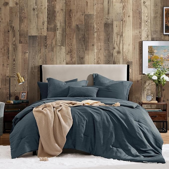 Geniospin Full Comforter Set - 7 Pieces Comforter Full Size, Solid Bedding Sets for All Season, Textured Bed in a Bag with Flat Sheet and Fitted Sheet, Pillowcases and Shams (Navy Blue, 80''x90'')