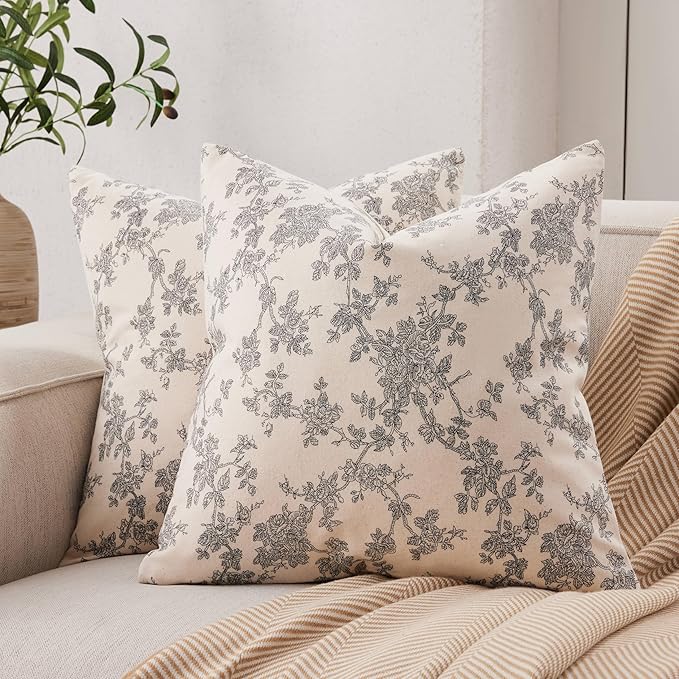 100% Cotton French Pastoral Throw Pillow Covers Set of 2, 24x24 Inch Black Farmhouse Decorative Cushion Covers for Sofa Bed Living Room Home Decor