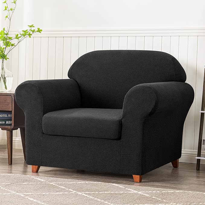 SUBRTEX Stretch Armchair Sofa Slipcover 2 Piece Sofa Cover 1 Seater Soft Couch Slipcover Washable Furniture Covers, Jacquard Fabric Armchair Checks(Black,Armchair)