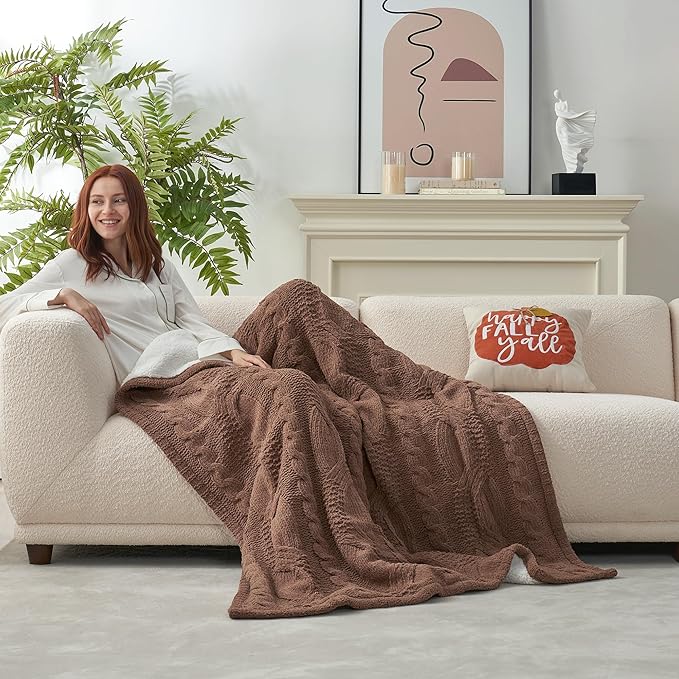 Amélie Home Cable Knit Throw Blanket for Couch Twin, Chenille Sherpa Soft Cozy Throw Blankets for Sofa Chair Comfortable Home, 60"x80", Brown