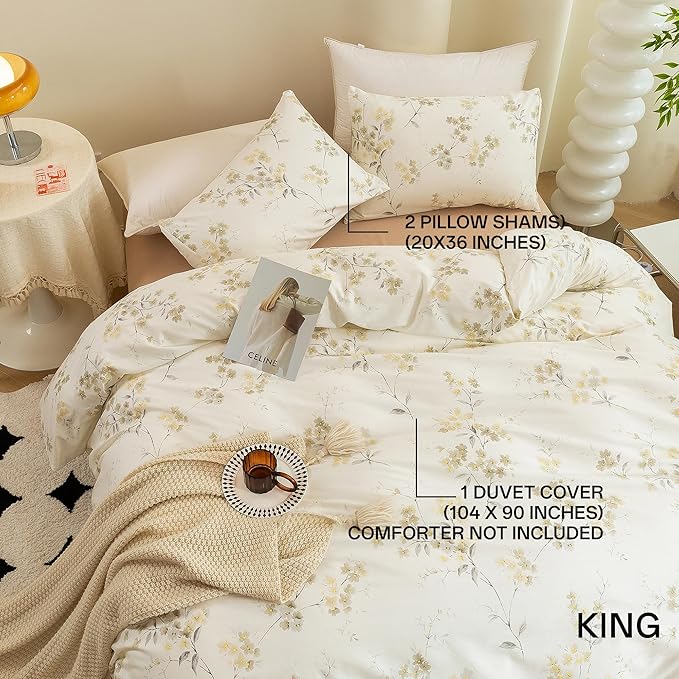 ECOCOTT Vintage Wash Painting Floral Duvet Cover Sets King Size,3 Pieces 100% Natural Cotton 1 Duvet Cover with Zipper and 2 Pillowcases, Ultra Soft and Easy Care Breathable Cozy Bedding Set