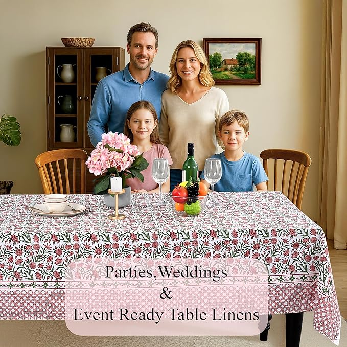CPC Tablecloth 100% Cotton 70x118 Inch Indian Block Print Rectangle Table Cover, Table Cloth for Weddings, Spring/Summer, Barbeque - Red Garnet