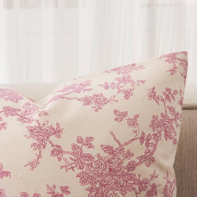 100% Cotton French Pastoral Lumbar Throw Pillow Covers Set of 2, 12x20 Inch Pink Farmhouse Decorative Cushion Covers for Sofa Bed Living Room Home Decor