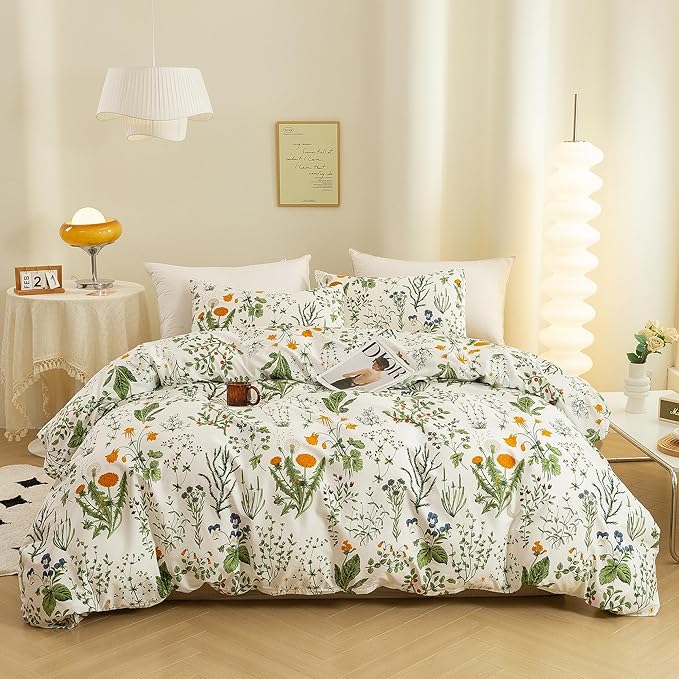 ECOCOTT 3 Pieces Floral Duvet Cover Sets King Size,100% Natural Cotton Floral Pattern 1 Duvet Cover with Zipper and 2 Pillowcases, Ultra Soft and Easy Care Breathable Cozy Simple Style Bedding Set
