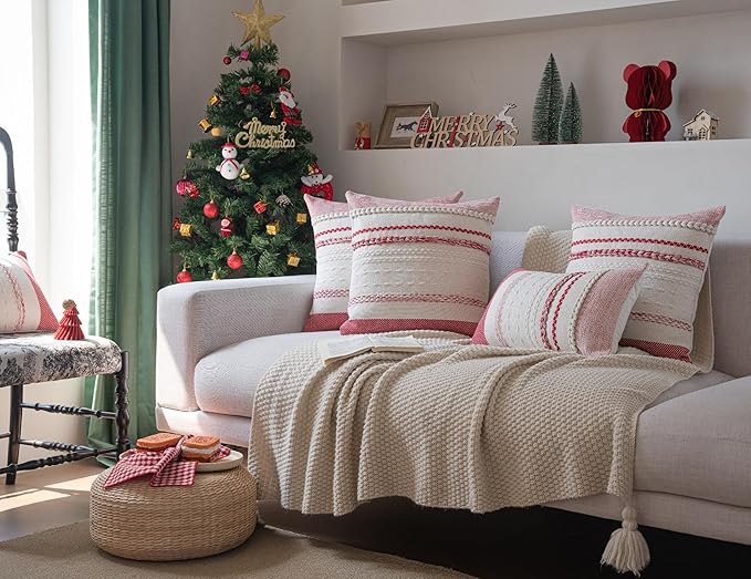 Christmas Lumbar Pillow Covers 14x36 Inch Long, Red Textured Boho Christmas Decorative Couch Pillow Cases for Farmhouse Home Decor, Accent Cushion Cover for Sofa, Bed, Living Room, Bedroom, Pack of 1