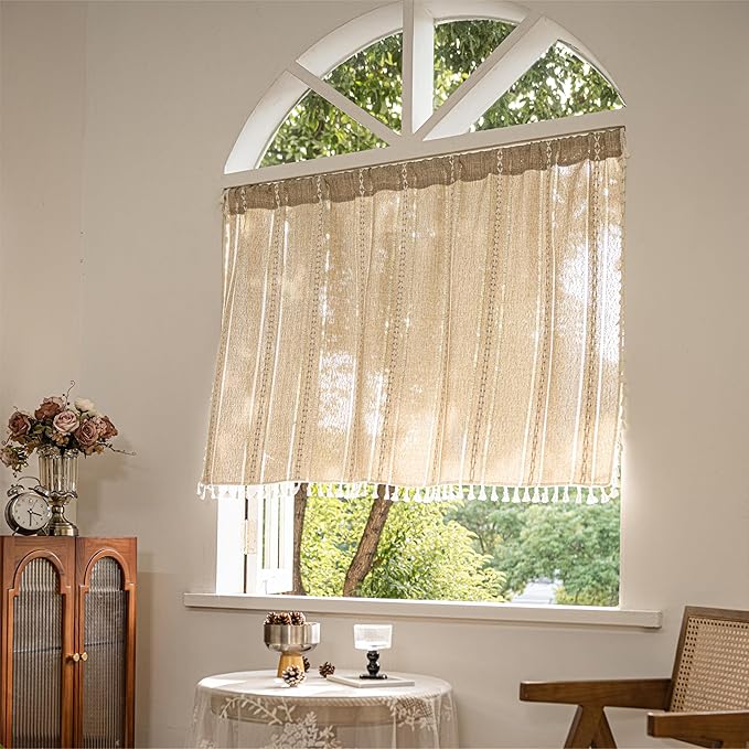 Sutuo Home Boho Curtains Valance Tier 36 inch for Cafe Kitchen Doorway Closet, Short Linen Farmhouse Chic Tassels Window Treatment Bohemian Embroidery Drape Rod Pocket 1 Panel 52" W x 36" L, Natural