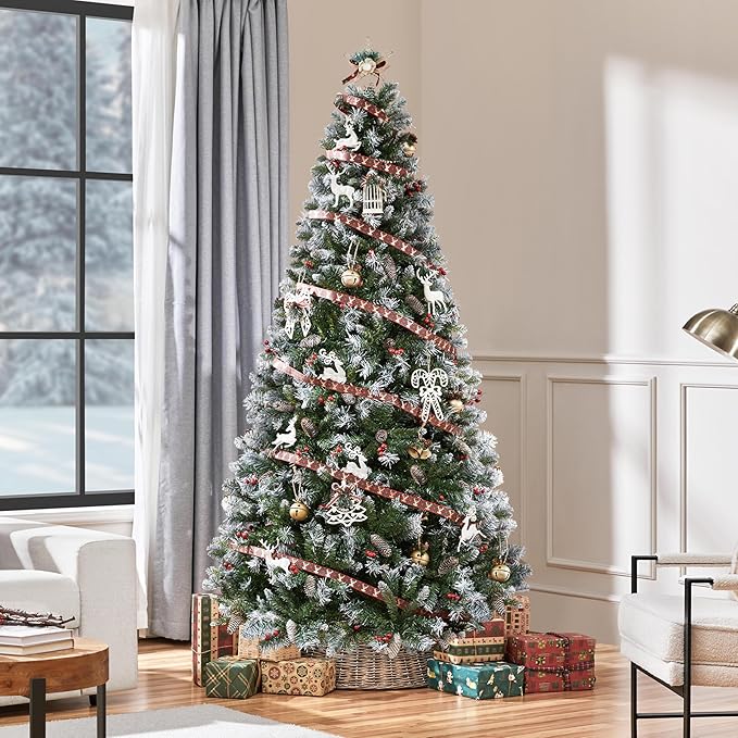Yaheetech 7.5ft Pre-lit Frosted Artificial Hinged Christmas Tree with 1398 Flocked PVC Tips,88 Pine Cones,88 Holly Berries & 500 Warm White Lights,Foldable Stand,Green