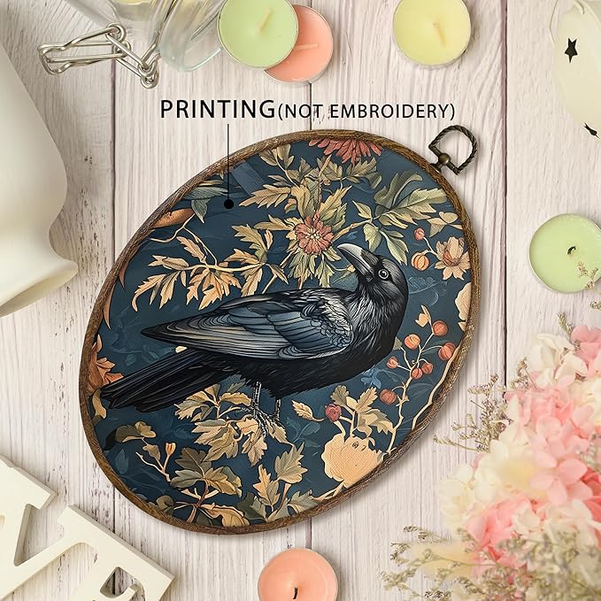 KFXHANGD Vintage Raven Crow Oval Wall Art Framed, Raven Botanical Cottagecore Crow Canvas Wall Art Decor,Gothic Mid Century Dark Raven Hanging Decorations for Bathroom Living Room, 8.7x11.3in