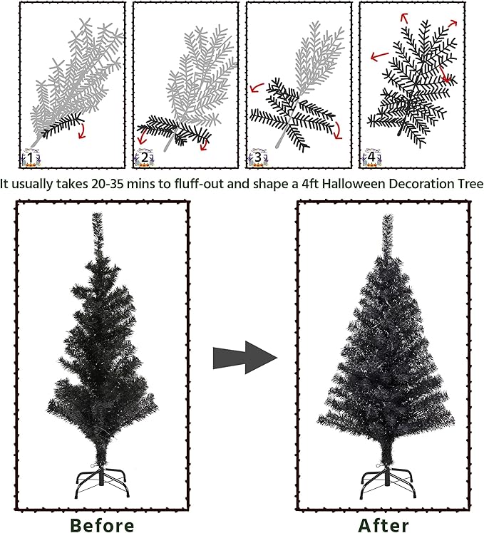 Yaheetech 4ft Pre-lit Halloween Black Spruce Artificial Hinged Christmas Pine Tree Prelighted Xmas Tree for Home Party Holiday Decoration with 70 Clear Warm White Lights and 110 Branch Tips, Black