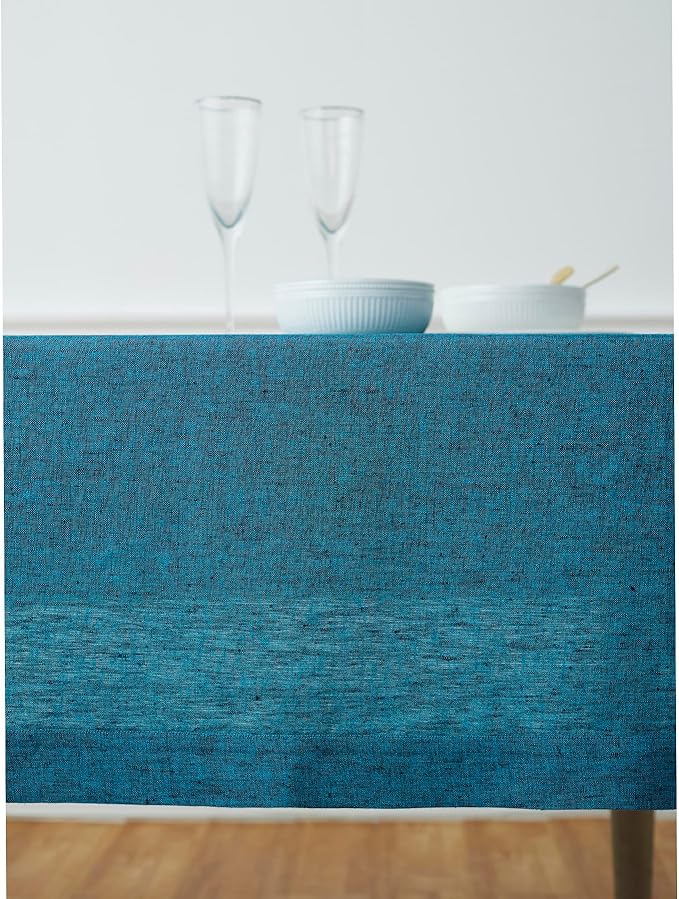 Solino Home Linen Tablecloth 60 x 108 Inch - 100% Pure Linen Chambray Teal Table Cloth for Rectangle Tables - Athena, Machine Washable Tablecloth for Fall, Autumn, Thanksgiving