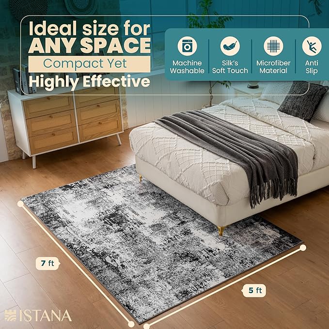 Istana 5x7 Area Rug - Grey Black Rugs for Living Room 5x7 - Foldable Rugs for Bedroom - Stain Resistant Washable Rug - Eco-Friendly Boho Area Rugs - Easy to Clean Living Room Rug