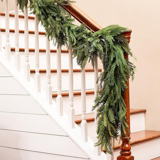 Mixed Norfolk Pine Garland with Evergreen, and Cedar Garland Artificial Realistic Greenery Branches for Decoration, Christmas Garland for Mantle, Premium Real Touch (9 Foot)