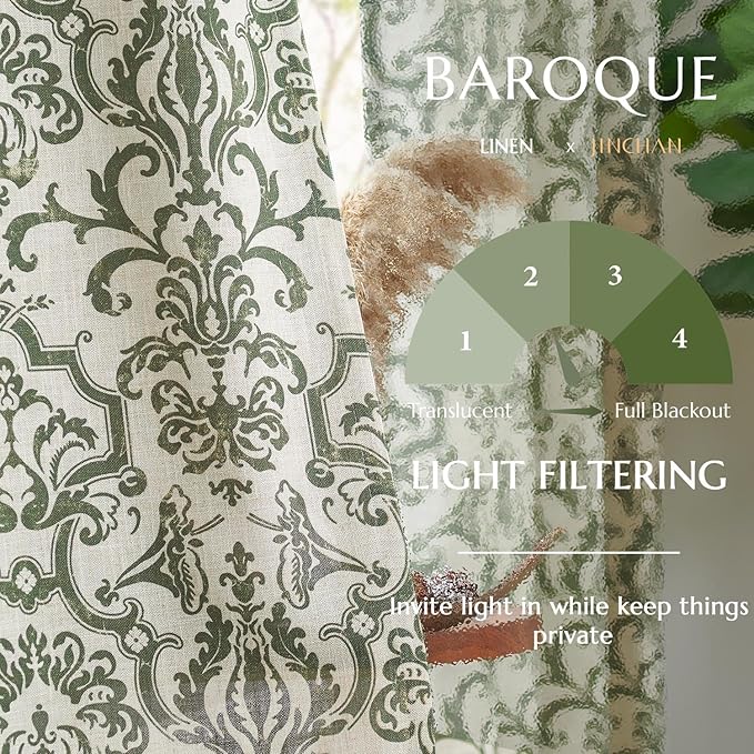 jinchan Linen Curtains for Bedroom Moss Green Damask Patterned Curtains 72 Inches Long for Living Room Light Filtering Vintage Baroque Style Drapes Grommet Window Treatments 2 Panels Set