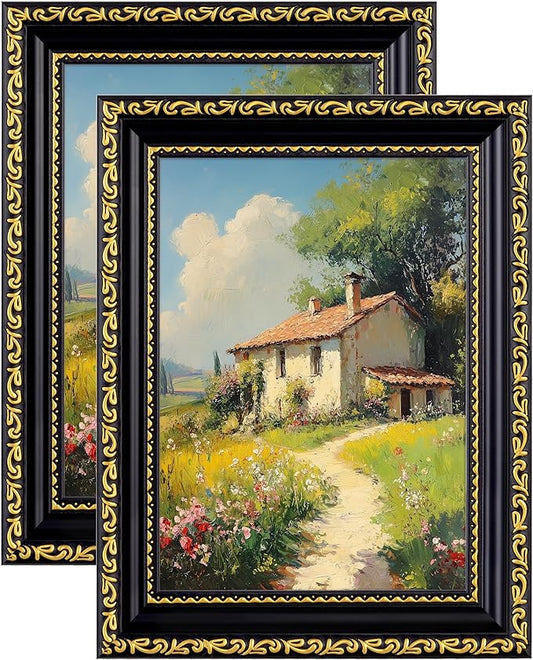 eletecpro 5x7 Picture Frames Set of 2, Vintage Photo Frames with Glass, Display 4x6 Photo with Mat or 5x7 without Mat for Tabletop or Wall Decor, Black Gold