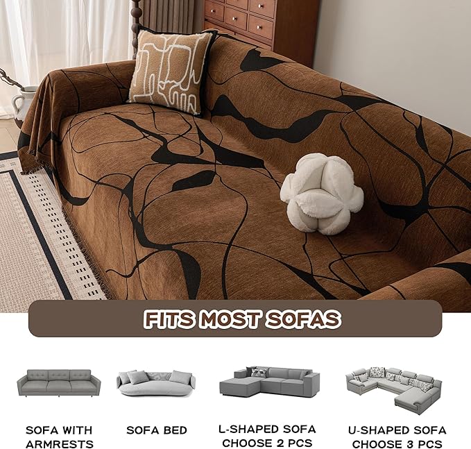 MEETSKY Couch Cover Washable for Dogs, Chenille Loveseat Sofa Covers Pet Friendly Marble Patterned Couch Covers Thick Dark Brown Soft Slipcover, 71" x 118"