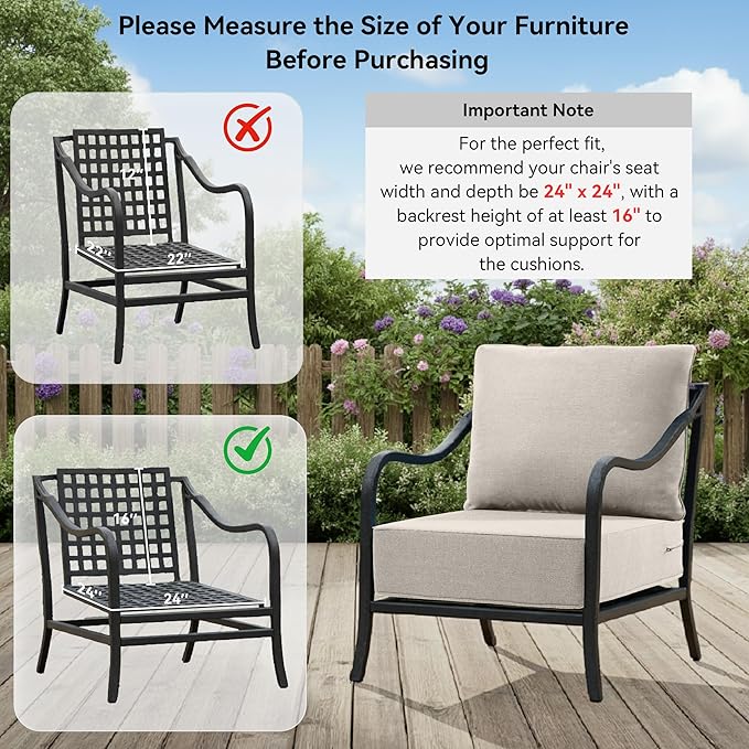 6" Thick Outdoor Cushions 24x24x6, 1-Set Deep Seat Patio Cushions with Removable Cover, Waterproof & Fade Resistant Replacement for Wicker Chair, Loveseat, Sofa - Beige