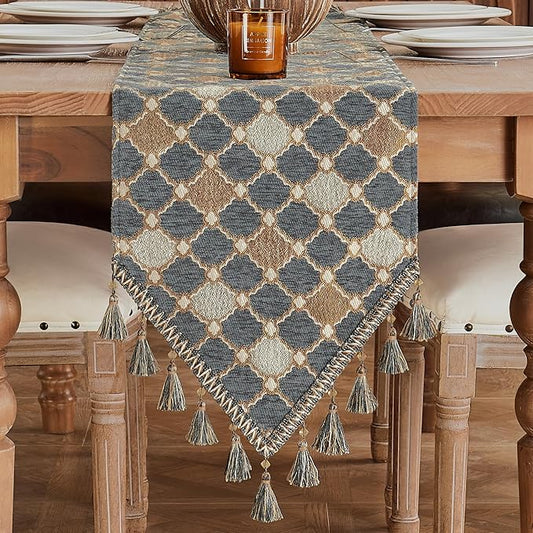 Loom and Mill Elegant Chenille Table Runner 90 inches Long, Chic Checkered Pattern Jacquard Table Runners with Tassels for Dining Room Dresser Party Banquet Decor (Blue-Grey+Khaki+Beige,13x90 inch)