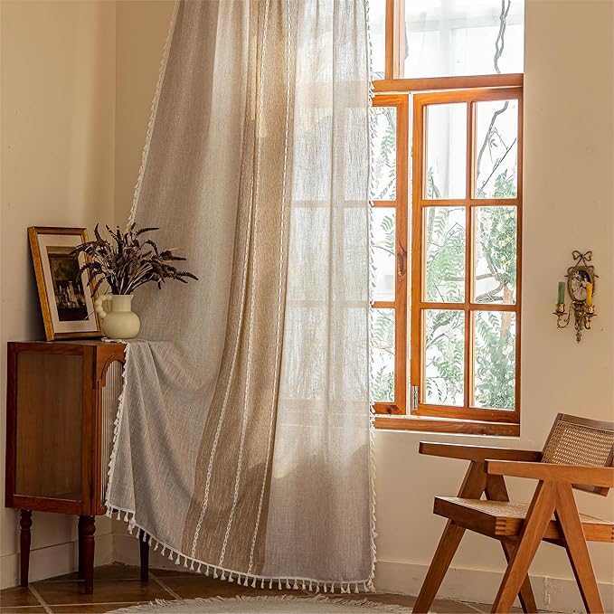 Sutuo Home Boho Curtains 84 inches Long for Living Room Dining Room,Light Filtering Farmhouse Vintage Chic Tassels Window Treatment Bohemian Privacy Drape Decor, Rod Pocket 1 Panel 52" W, Khaki Linen