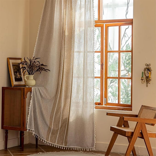 Sutuo Home Boho Curtains 84 inches Long for Living Room Dining Room,Light Filtering Farmhouse Vintage Chic Tassels Window Treatment Bohemian Privacy Drape Decor, Rod Pocket 1 Panel 52" W, Khaki Linen